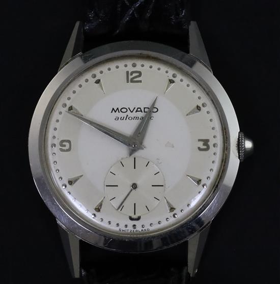 A gentlemans 1950s? stainless steel Movado automatic wrist watch,